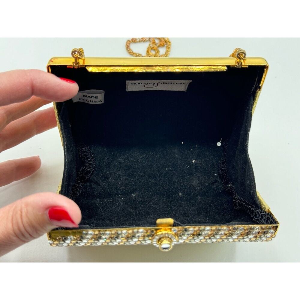 Evening Gold Leather Faux Leather Structured Rhinestone Shoulder Bag Chain Small - Picture 8 of 10